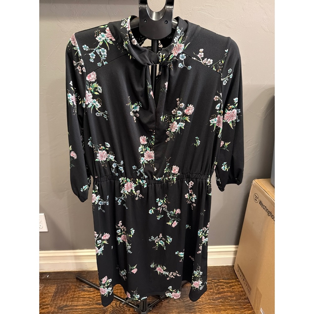 HM Black Floral Long Sleeve Dress L Pink Blue Botanical Twist Neck Keyhole L